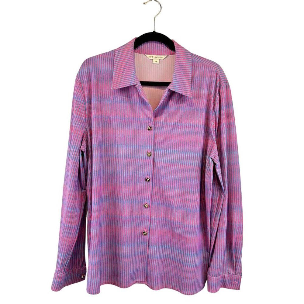 ST. JOHN LONGSLEEVE Abstract Lines Women's Size 14 Pink & Blue Blouse